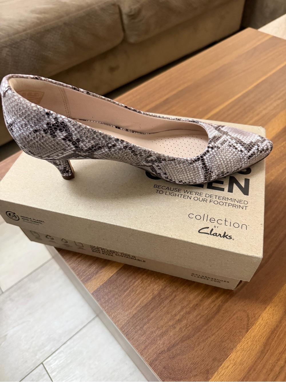 Clarks Women's Snake-Print Pointed Toe Pump in Taupe and Black